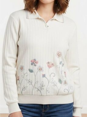 Vintage Spring Alfred Dunner size PL Cream Ribbed Collared Sweater